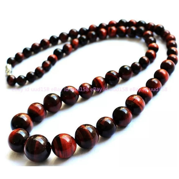 K-KED Natural 6-14mm Red Tiger's Eye Round Gemstone Beads Necklace 18''