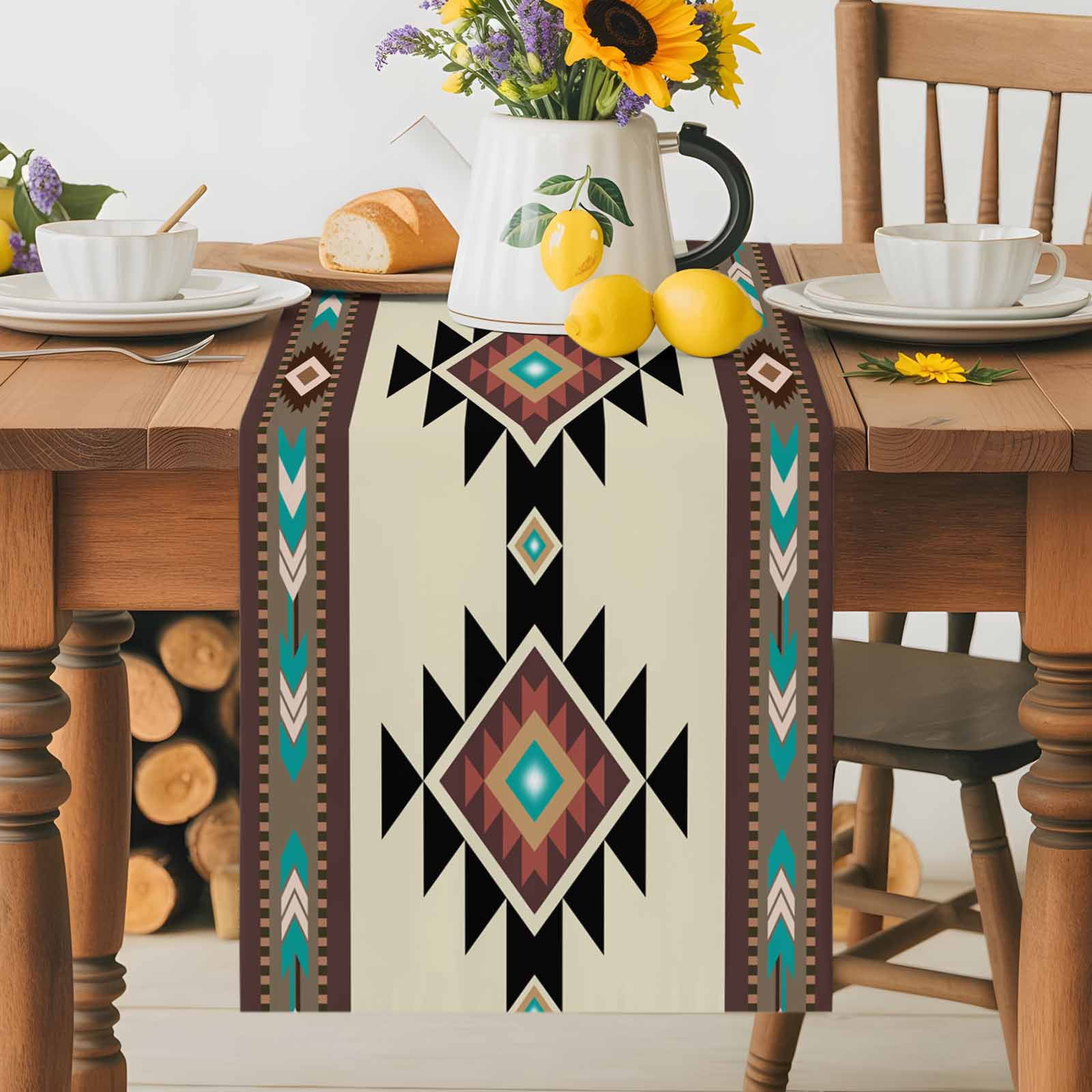 Brown Aztec Ethnic Art Table Runner 90 Inches Long, Retro Tribal Brown Texture Table Runners Tabletop Scarf Kitchen Dining Tables Decoration for Home Party Indoor Outdoor