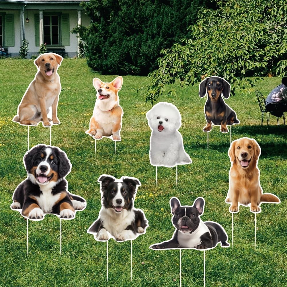 8Pcs Dog Yard Sign with 16 Stakes Cute Dog Party Lawn Decorations Animal Theme Party Waterproof Sign Yard Outdoor Lawn Decorative Sign