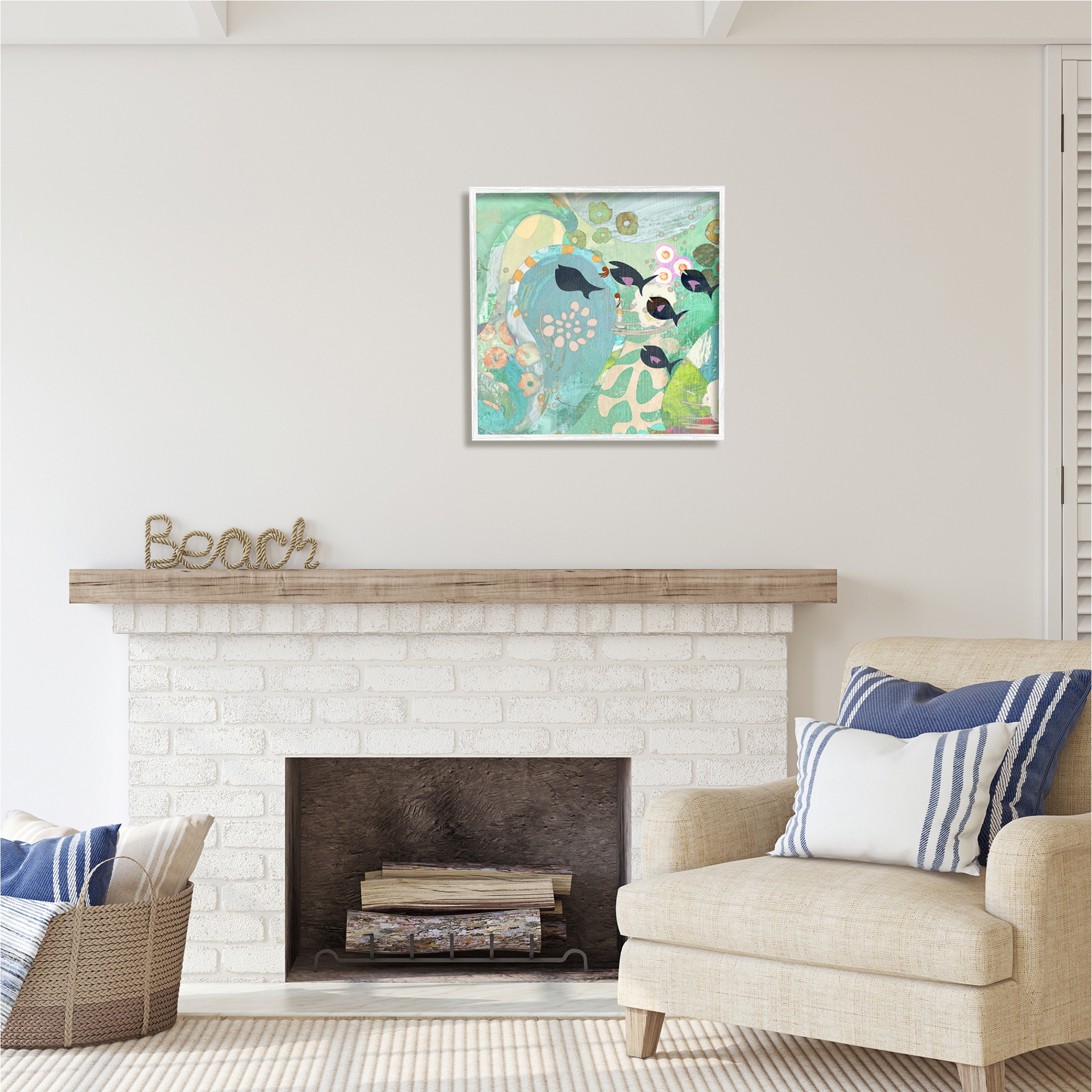 Stupell Industries Green Patterned Fish Collage Animals & Insects Painting White Framed Art Print Wall Art, 24 x 24
