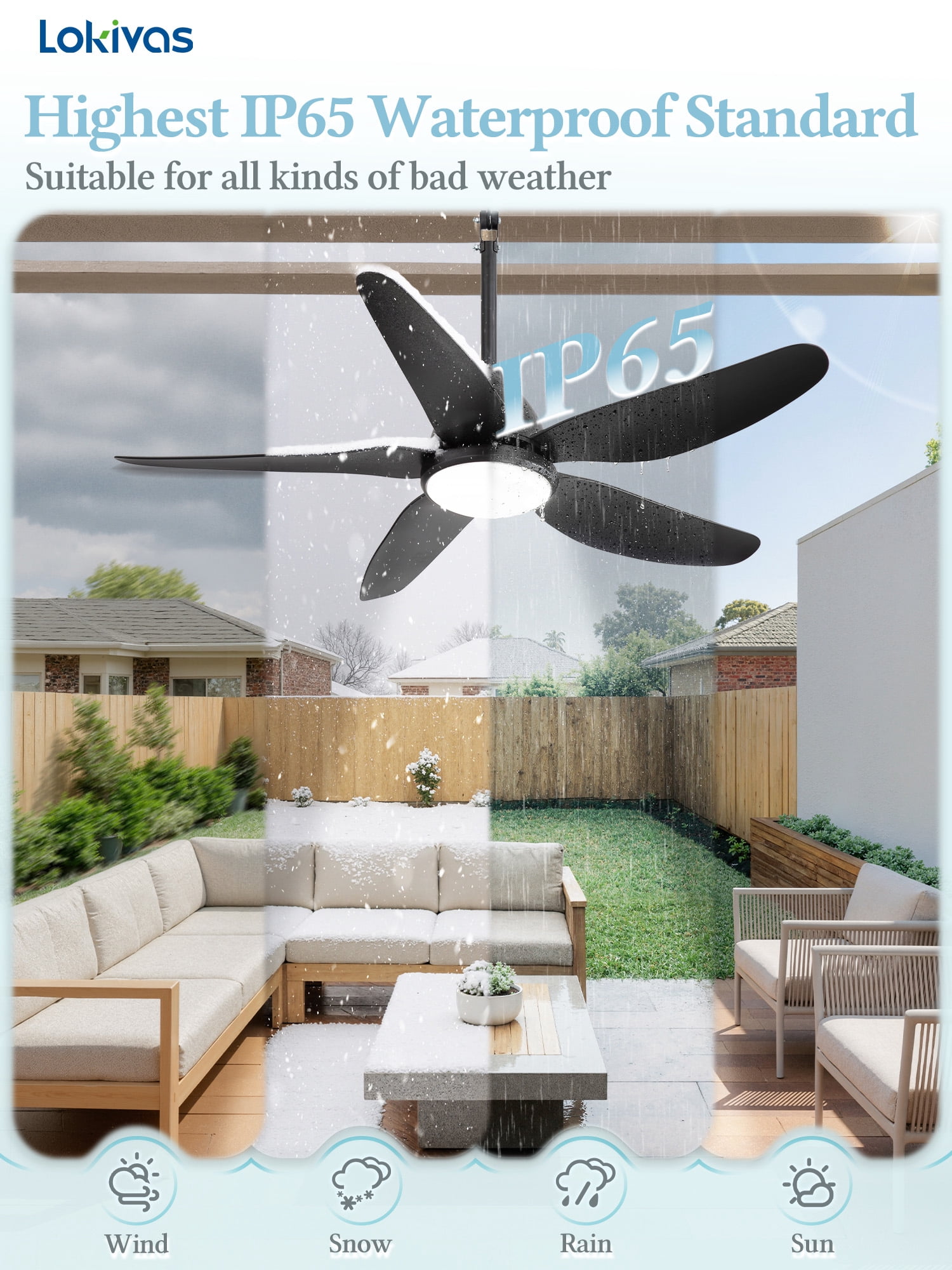 Lokivas 46" Black Waterproof Outdoor Gazebo Ceiling Fan with Light, Quiet 6-Speed DC Motor, IP65 Plug-in Remote Control Hanging Fan for Patio Porch Pergola
