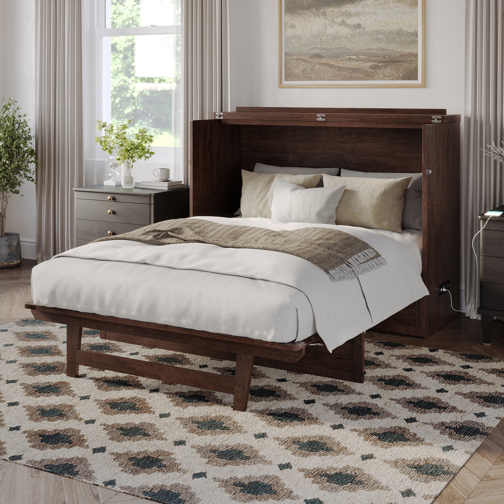 AFI Northfield Full Wood Murphy Bed Chest with 6" Mattress, Drawer & Charger, Burnt Amber
