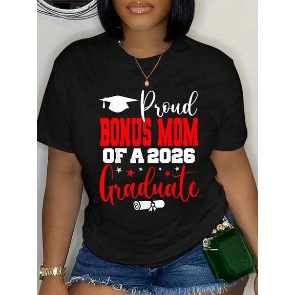 100% Cotton Senior 2026 Proud Bonus-Mom of A Class of 2026 Graduate T-Shirt Print Round Neck Cotton T-Shirt, Summer Women's Tops, gift