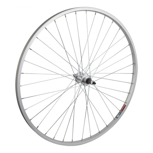 Wheel Rear 700 x 35, Silver, Bolt On, featuring a 3/8 alloy freewheel hub compatible with 5-7 speed cassettes. Constructed with 14g UCP spokes and a 36-hole design for durability. The silver alloy rim is designed for 135mm spacing, ideal for road or hybrid bikes.