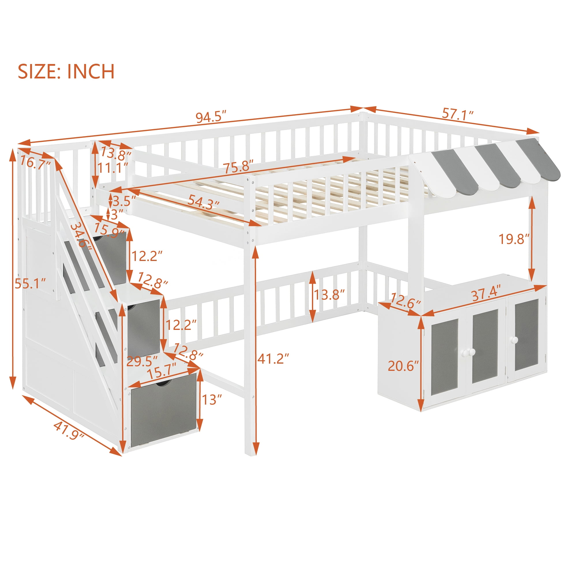 Mintazer Full Size Loft Bed with Play Storefront & LED Lights, Kids Loft Bed with Guardrail and Storage Staircase & Cabinet for Bedroom, White & Gray