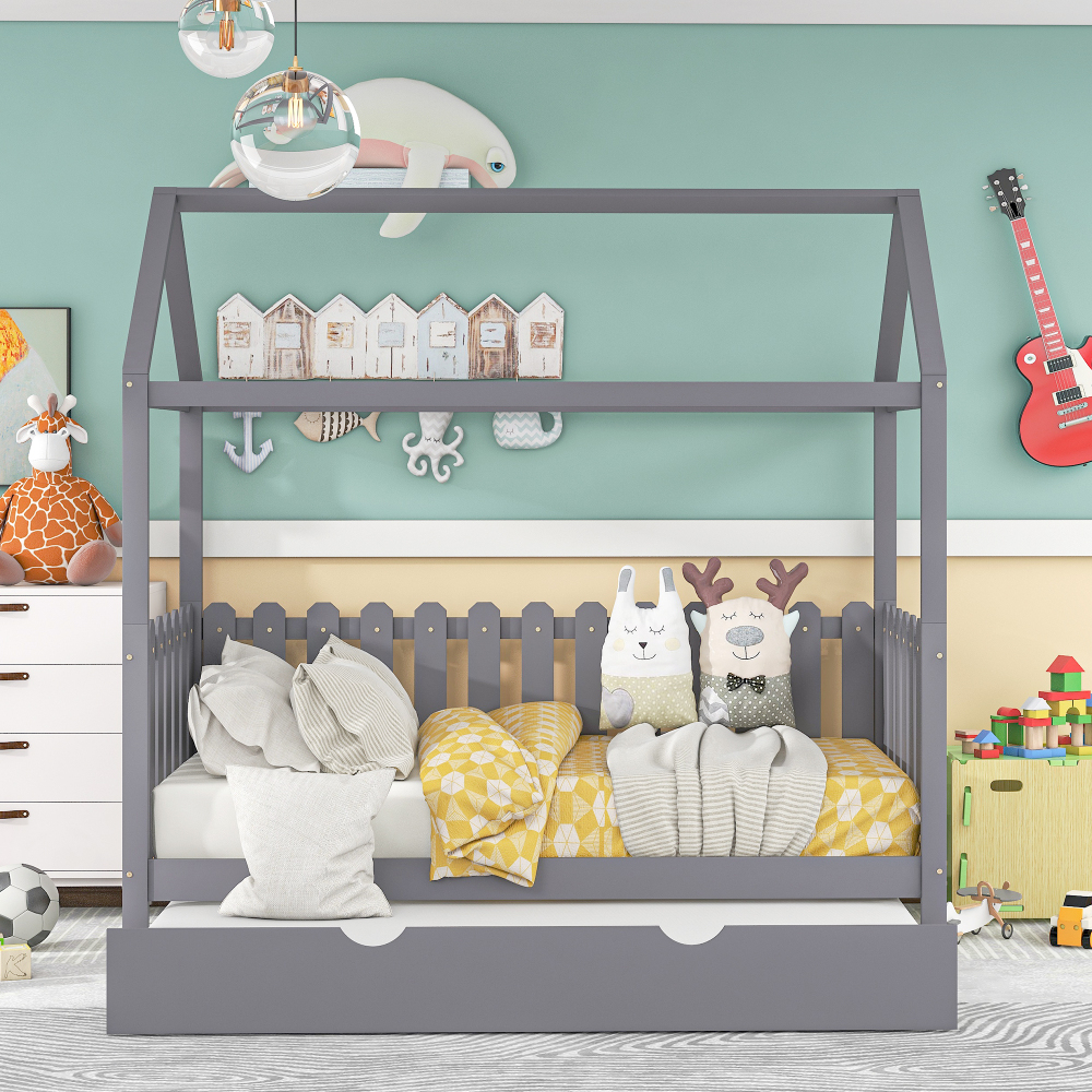 Hassch Twin Size House Bed With Trundle, Fence-Shaped Guardrail, Gray - image 3 of 8