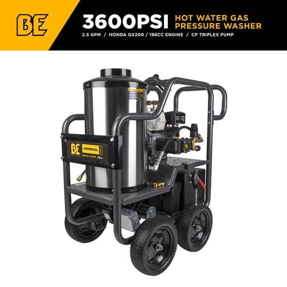 BE Power Equipment 2700 PSI 2.8 GPM Hot Water Gas PW Honda GX200 Engine and General Triplex Pump Powered Coated Roll Cage