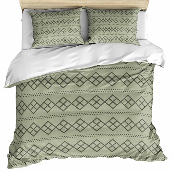 Sage Green Boho Bedding 3 Piece Duvet Cover Set Twin Size, Vintage Ethnic Tribe Abstract Art Geometric Microfiber Comforter Cover with Zipper Closure & Pillowcases, FadeResistant Quilt Cover