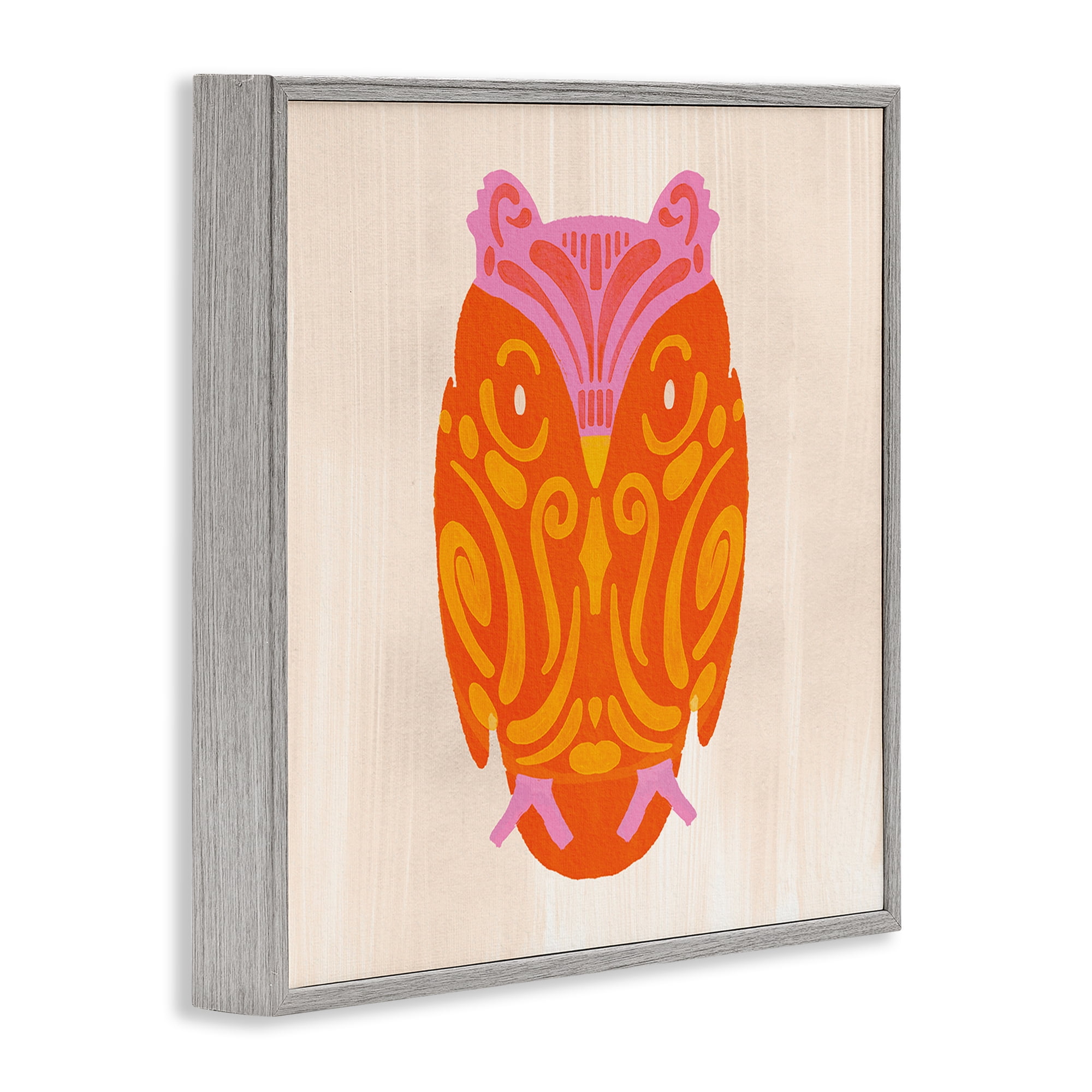 Stupell Industries Vibrant Folk Owl Motif Gray Framed Giclee Art, design by The Paper Curator