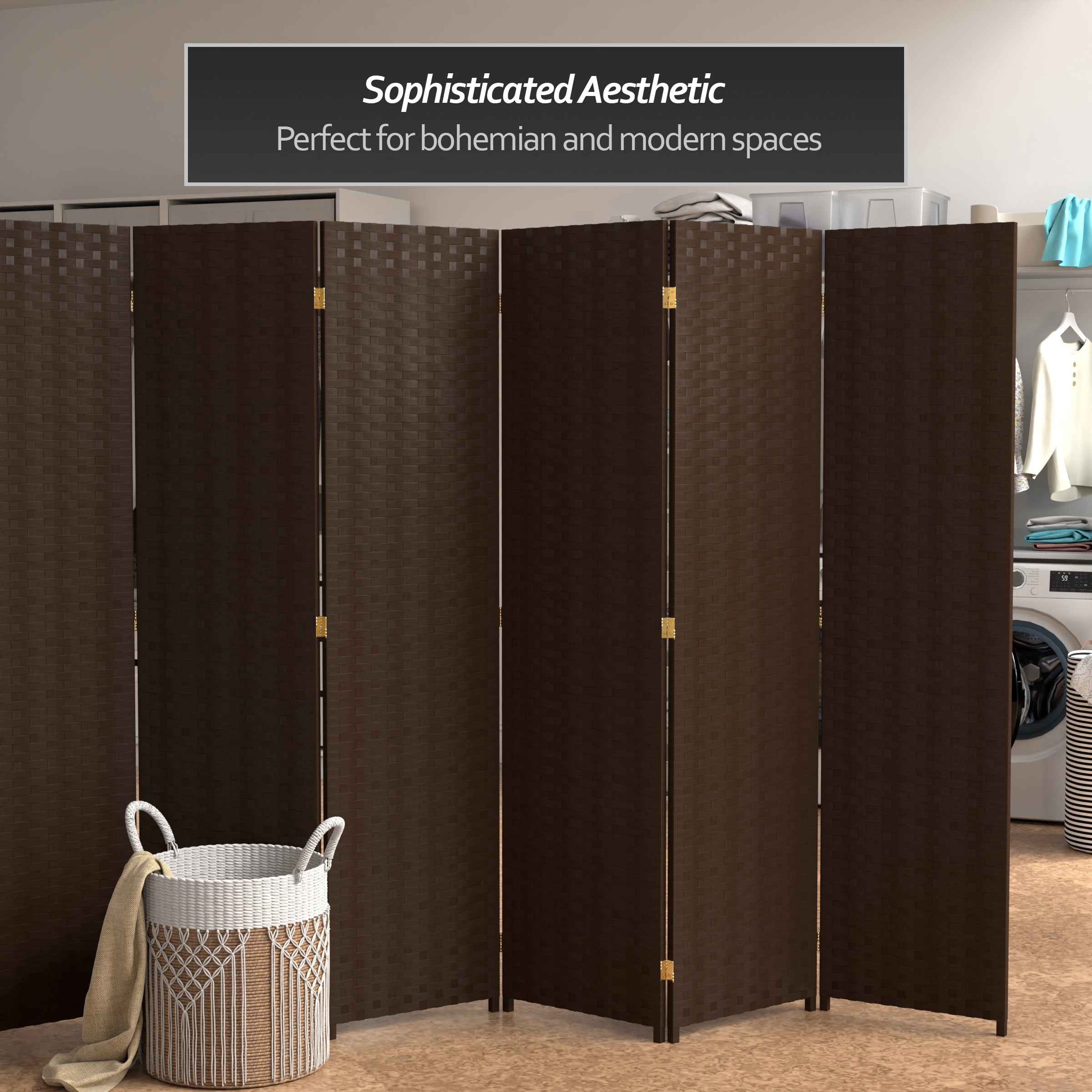 Red Lantern 6 ft. Tall Woven Fiber Folding Screen - Dark Mocha - 8 Panel