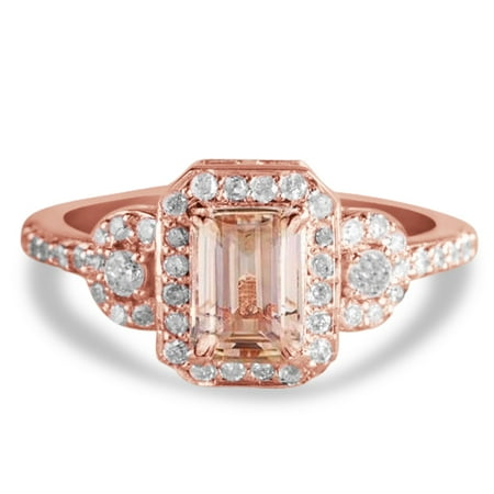 Pink Black Engagement Ring 1.25 Carat Peach Pink Morganite (emerald cut Morganite) and Diamond Engagement Ring in 10k Rose Gold ()