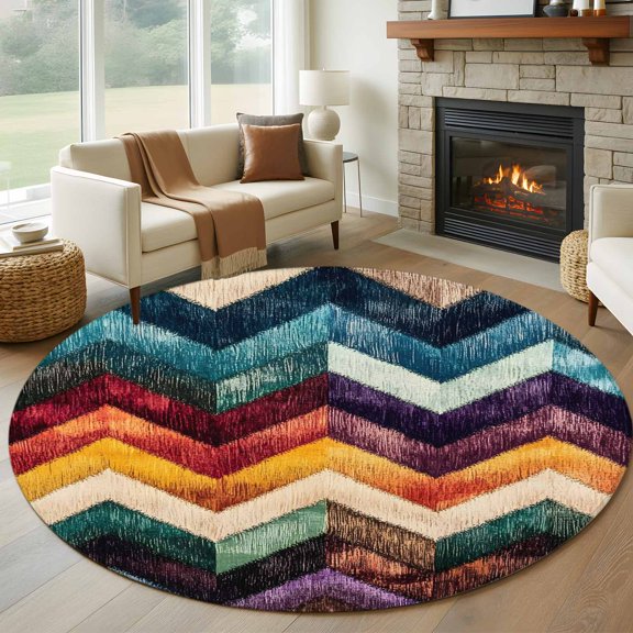 Round Rugs 5Ft, Vintage Waves Stripe Round Area Rug Washable Indoor Throw Carpet, Colorful Abstract Art Soft Non Slip Circle Rug for Cabinet Bathroom Home Decor Aesthetic