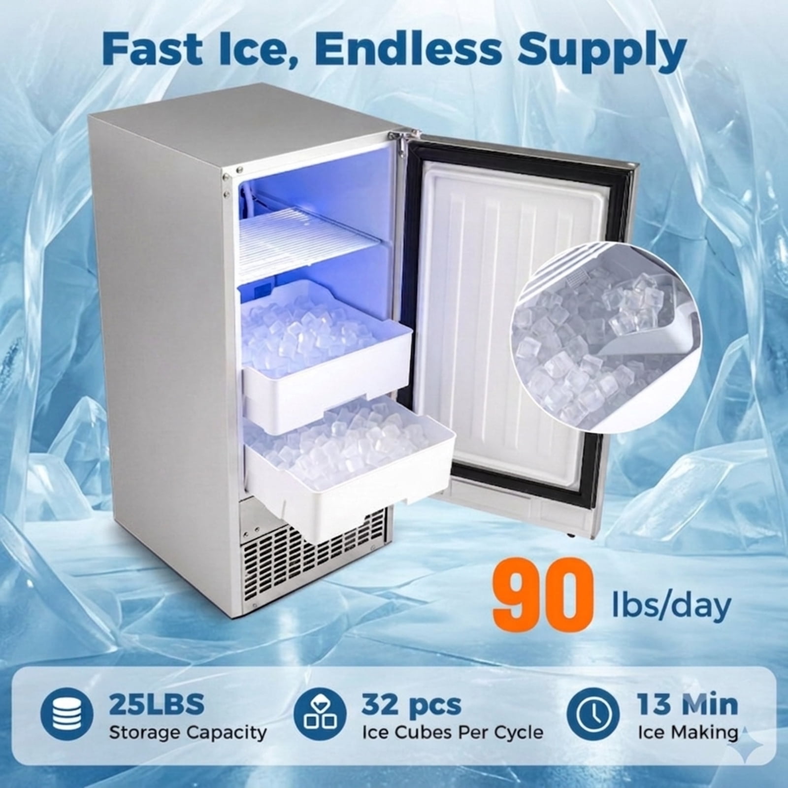 RUIE Under Counter Ice Maker 90 lbs/Day, 15 Inch Built-In Stainless Steel Ice Machine with 25 lbs Storage Bin for Home Bar Kitchen Restaurant