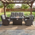 thumbnail image 2 of Patiobula Patio Furniture Set with Propane Fire Pit Table, 5 Pieces Outdoor Sectional Couch, Brown Wicker Rattan Conversation Sofa with Swivel Chair for Garden Backyard Deck, Gray, 2 of 14