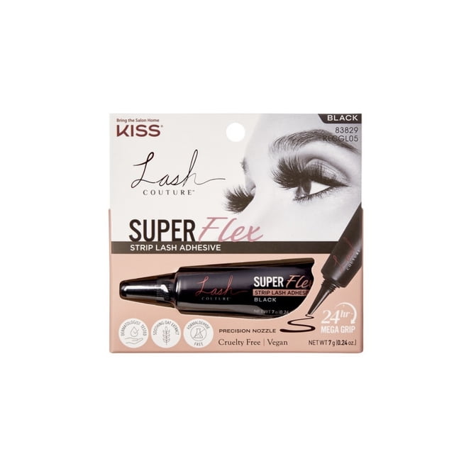 kiss pegamento pestañas postizas glue black oat strip lash empaque frontal; tubo negro de pegamento con boquilla de precisión, marca Kiss y texto 'SUPERFlex' y '24 hr mega grip', caja beige con ojo maquillado y iconos que indican probado por dermatólogos, impermeable y libre de formaldehído; apto para lentes de contacto y formulado con infusión de avena.