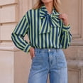 thumbnail image 6 of Womens Striped Button Down Shirts Bow Tie Neck Long Sleeve Tops, M, 6 of 6
