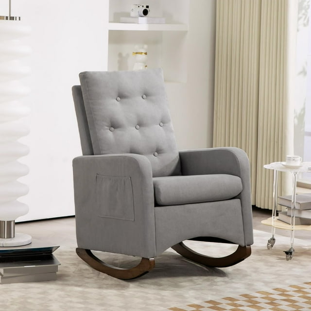 2025 New Upholstered Rocking Chair, Modern Accent Rocker with Sturdy Wood Base and Fabric Padded Seat, Nursery Rocking Armchair with High Backrest for Living Room, Bedroom