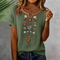 thumbnail image 4 of Qulqfy Embroidered Womens Tops Floral Fall Short Sleeve Casual Army Green Cute Tunic Comfy Henley V-Neck Shirts L, 4 of 7