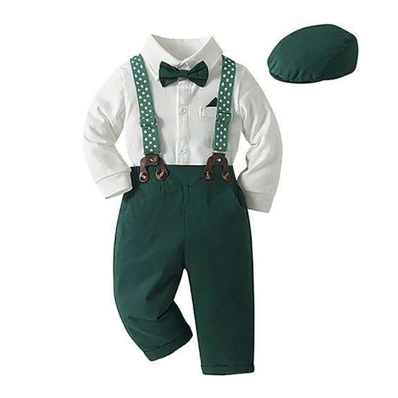 WOYY Infant Boys Outfits Long Sleeve Shirt Bodysuit Suspenders Pants Hat Set, Sizes 9-12M