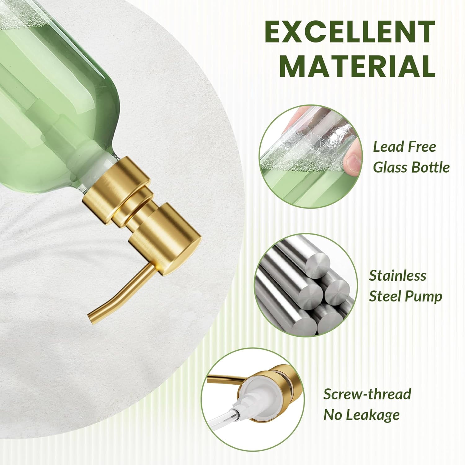 Soap Dispenser, 2 Pack Glass Soap Dispenser with Pump Stainless Steel, 17OZ Clear Gold Hand Soap Dispensers for Bathroom and Kitchen