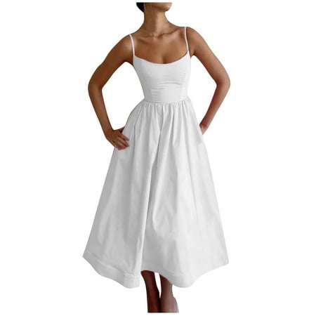 Kukoosong Women s Square Neck Sleeveless Tea-Length A-Line Dress with Waist Cinched Pleated and Large Hem Dress for Summer Casual Party