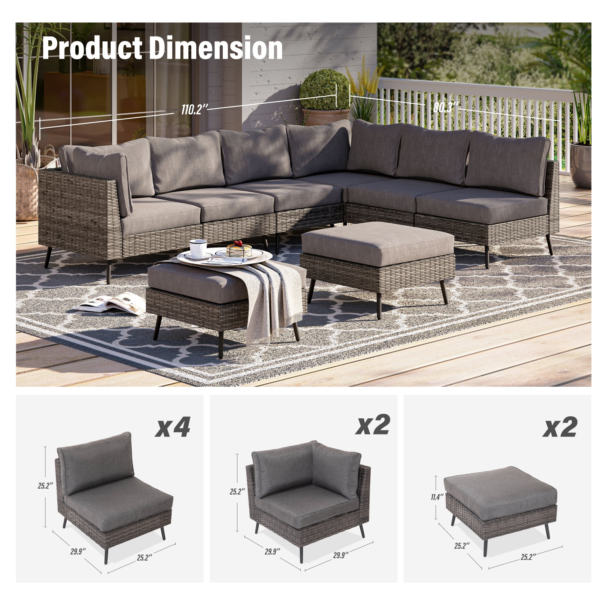 LAUSAINT HOME 8 Pieces Outdoor Furniture Set, Patio Rattan Wicker Sectionals with 6 Chairs and 2 Ottomans, Gray Cushions