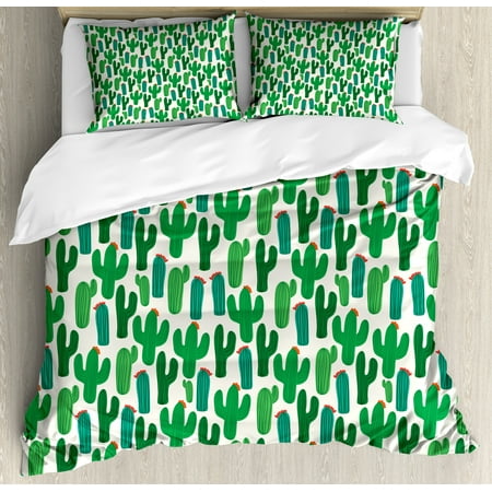 Exotic Queen Size Duvet Cover Set, Vibrant San Pedro Cactus Foliage Climate Desert Flourishing Mexican Plants, Decorative 3 Piece Bedding Set with 2 Pillow Shams, Forest Green Red, by