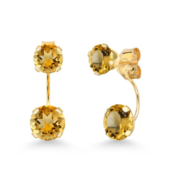 Gem Stone King 14K Yellow Gold Yellow Citrine Dual Drop 2 Stone Round Earrings for Women 3.05 Cttw, Gemstone Birthstone, Round 6MM and 5MM