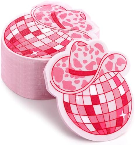 100 Pcs Western Cowgirl Party Paper Napkins Hot Pink Disco Ball Disposable Napkin Cow Print Themed Party Supplies Western Dinner Decoration for Bachelorette 70s 80s 90s Disco Cowgirl Birthday