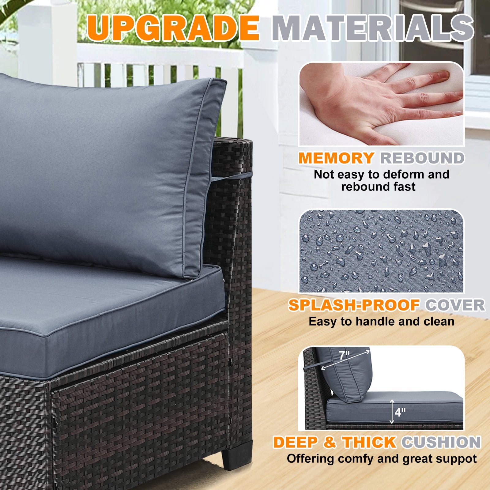 TerraRelax 5 Pieces Patio Furniture set All-Weather Outdoor Wicker Sectional Conversation Sofa Rattan patio seating sofa with cushion and Glass Table and Ottoman for Porch Poolside,GREY