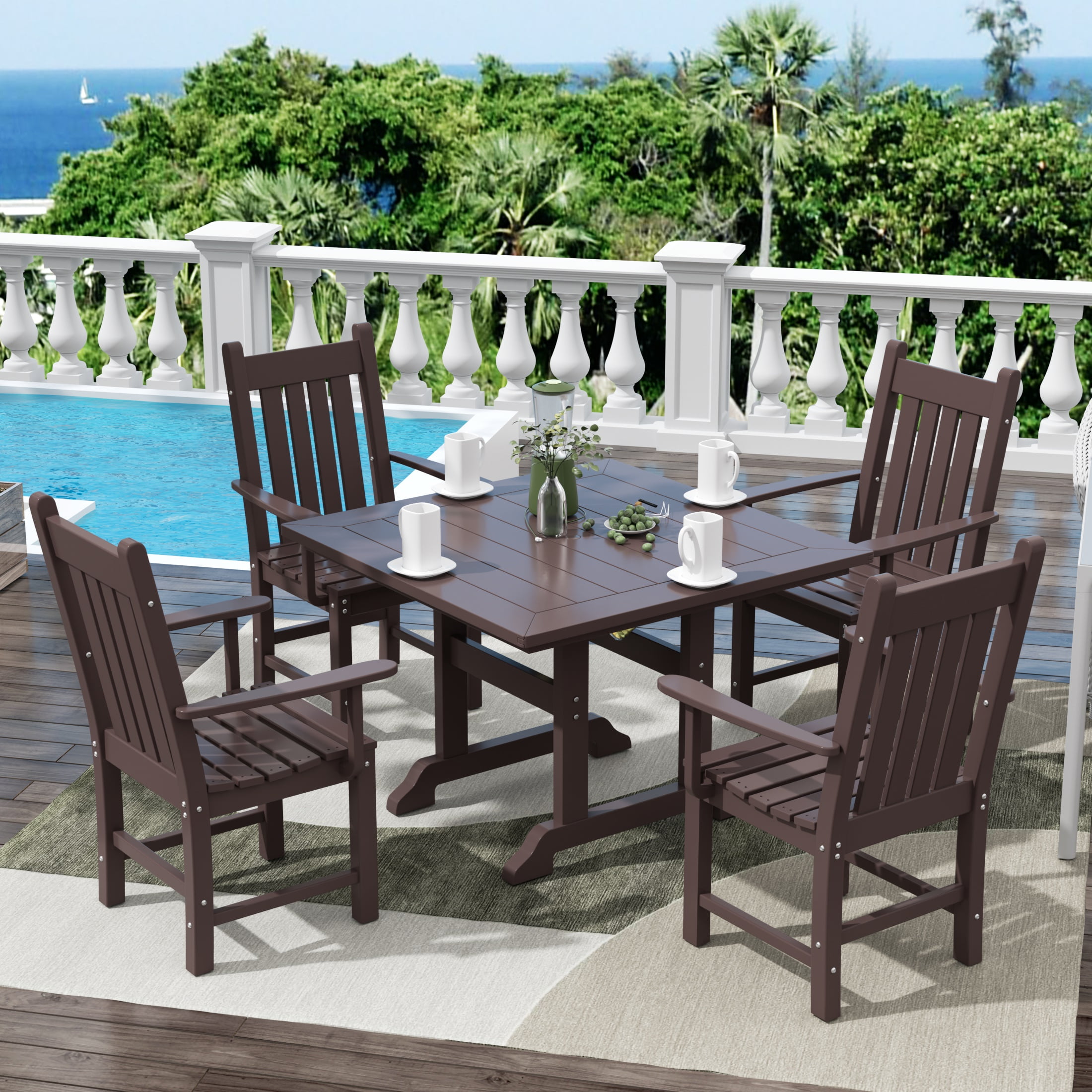 WestinTrends Malibu 5 Piece Outdoor Dining Set, All Weather Poly Lumber Patio Table and Chairs Furniture Set, 43" Square Dining Table with Umbrella Hole and 4 Arm Chairs, Dark Brown