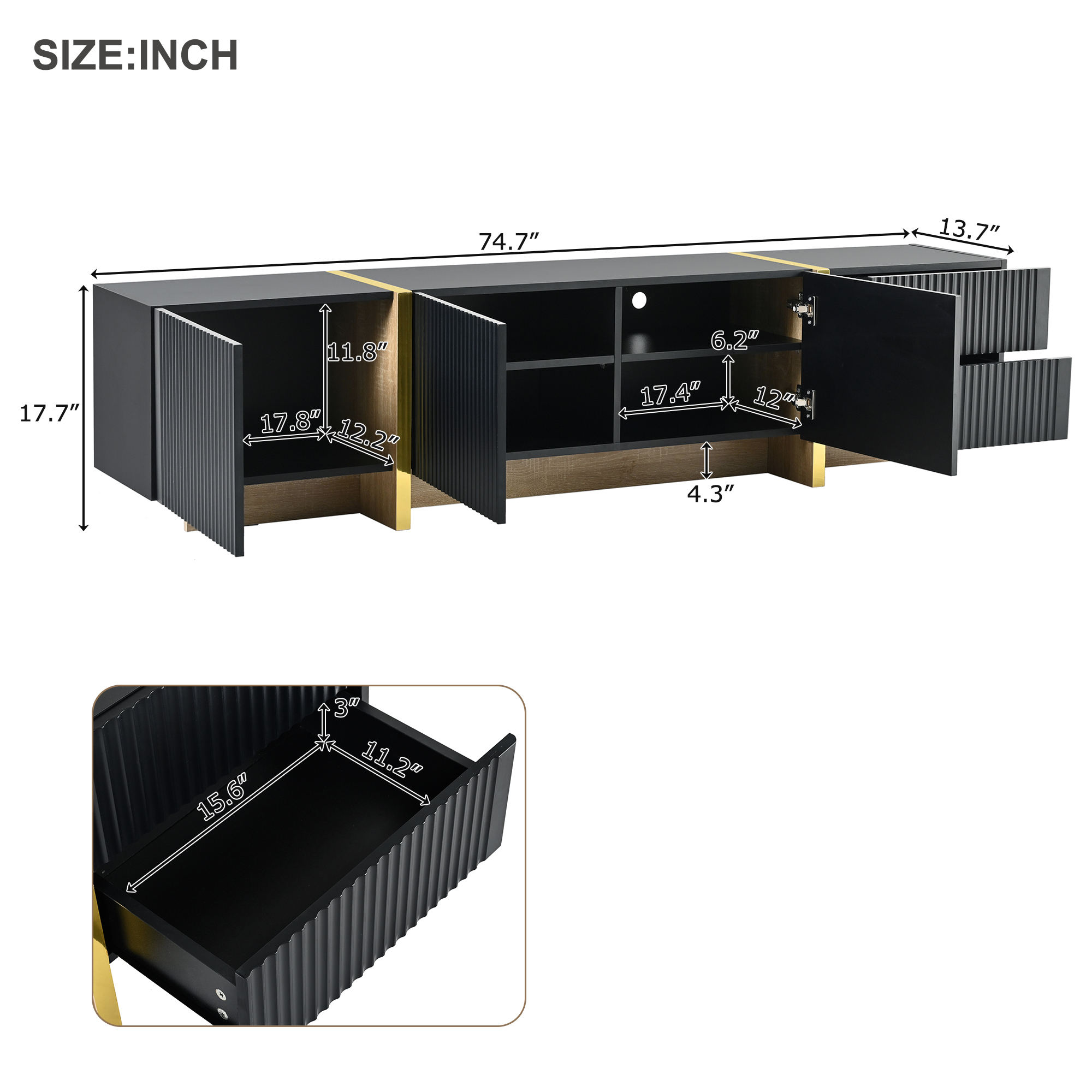 EUROCO 74.7" TV Stand Up to 75/80 inch TV,Entertainment Center with Storage, 3 Cabinet Media Console Table,Wave pattern Door with Wood Grain Legs,Living Room, Bedroom Furniture,Black