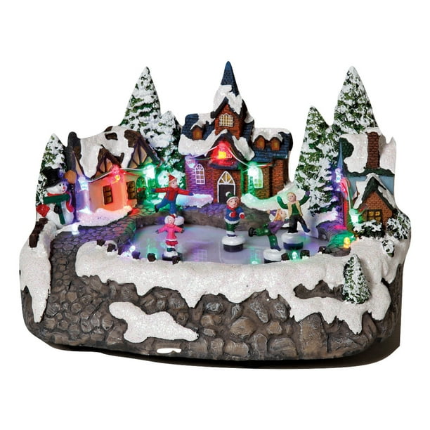 Animated Christmas Snow Village Town Ice Skating Rink Scene Light Up