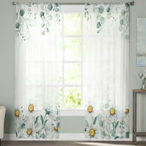 Sheer Curtains 63 inches Long, Spring Summer Plants Eucalyotus White Daisy Flower Light Filtering Sheer Window Curtains Rod Pocket Voile Drapes for Bedroom Living Room, 52"W x 63"L 2 Panels