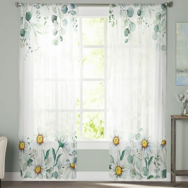 Sheer Curtains 63 inches Long, Spring Summer Plants Eucalyotus White Daisy Flower Light Filtering Sheer Window Curtains Rod Pocket Voile Drapes for Bedroom Living Room, 52"W x 63"L 2 Panels