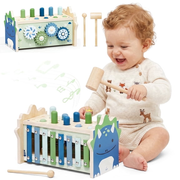 Wooden Montessori Toys for 1 Year Old, Hammering Pounding Toy with Xylophone, Educational Learning Toys, Baby Activity Toys for 1 2 3 Year Old, Preschool Toys, Birthday Gifts (Dinosaur)