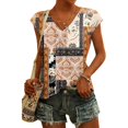 thumbnail image 2 of Women’s Boho Print V Neck Short Sleeve Top, Relaxed Fit Casual Vacation Blouse with Stylish Printed Design, Beige, S, 2 of 6