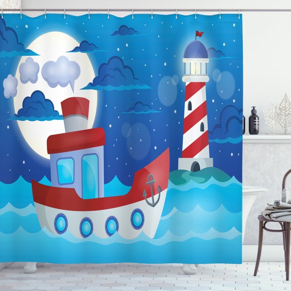 Ambesonne Maritime Shower Curtain, Ship Lighthouse, 69"Wx84"L, Cobalt Blue Multicolor