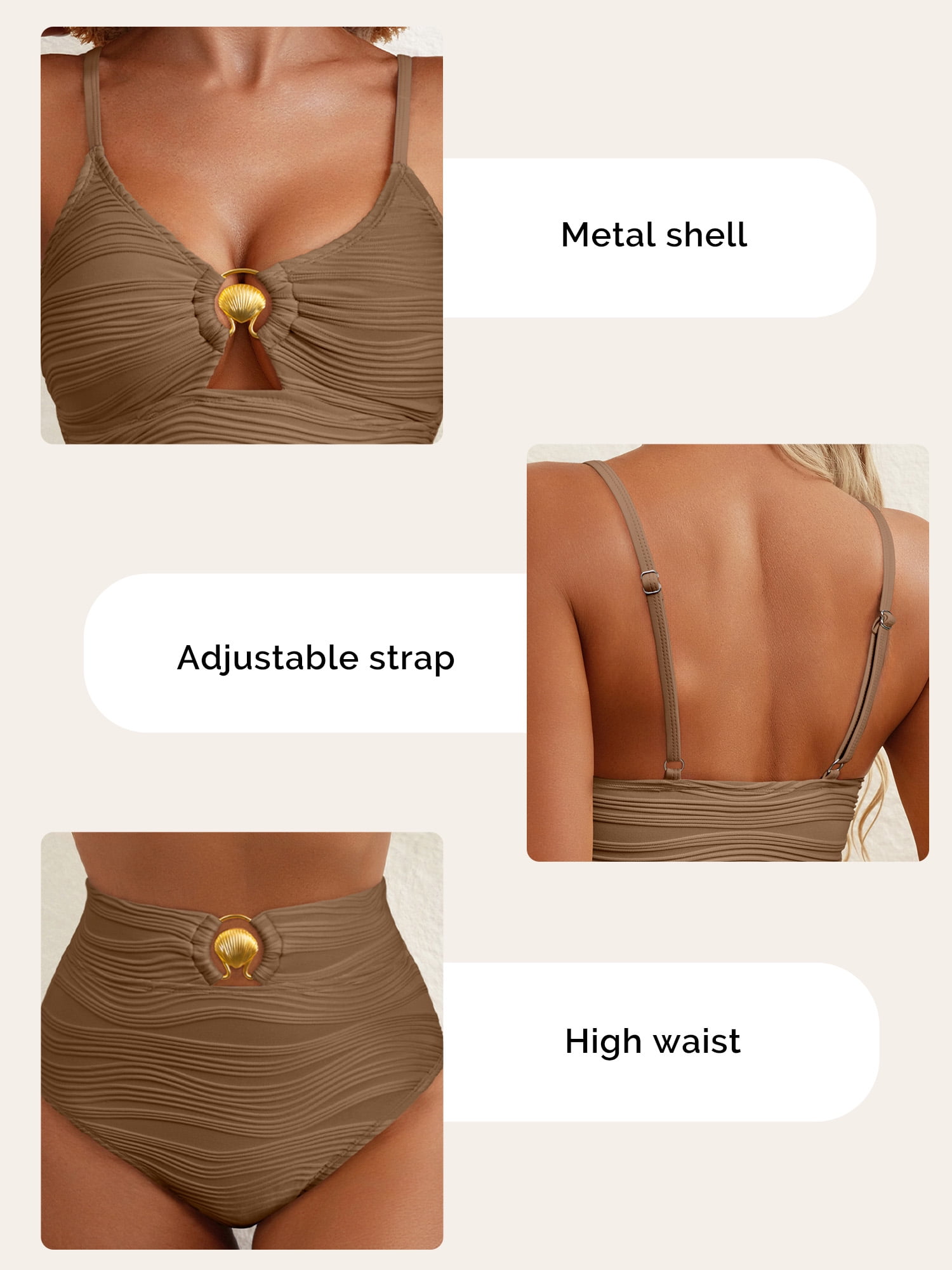 SHEWIN Swimsuit for Women 2 Piece Bathing Suits High Waist Bikini Sets Texture Swimming Suits Full Coverage Beach Essentials Khaki M