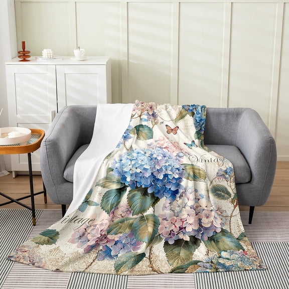 Blue Pink Hydrangea Blanket Woman,Flying Butterfly Throw Blanket Throw 50x60 Inch,Vintage Floral Plants Fleece Blanket,Spring Garden Theme Flannel Blanket Warm