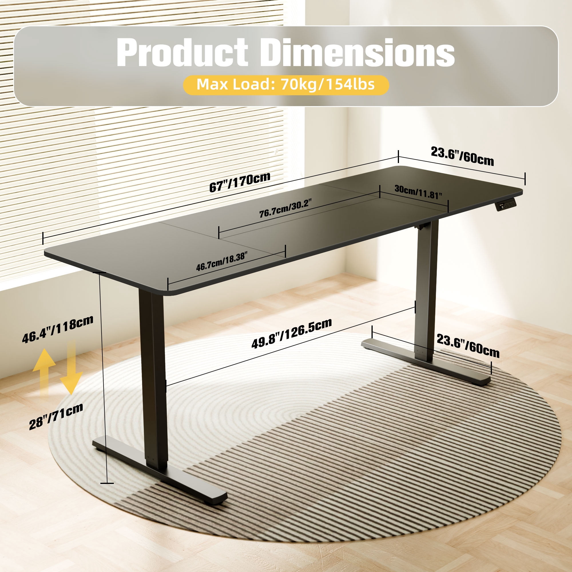 Ergomaker Electric Standing Desk，Height Adjustable Desk with Splice Board，Child Lock & Memory Function，68 x 23.6 inches，Black