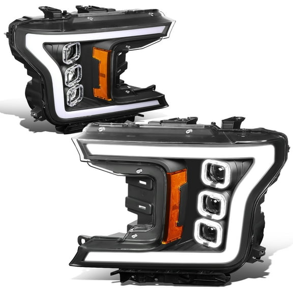 DNA Motoring HL-LB-T8-F15018-BK-AM For 2018 to 2020 Ford F-150 Black Housing Amber Corner LED DRL Sequential Turn Signal Projector Triple Square Halo Headlight Head Lamps 19