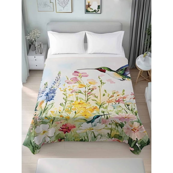 Floral Hummingbird King Size Flat Sheet, Wrinkleproof & Fadeproof Cooling Flat Bed Sheet Only, Spring Watercolor Flowers Breathable Soft Bedding Top Sheets 105 x 98 Inches
