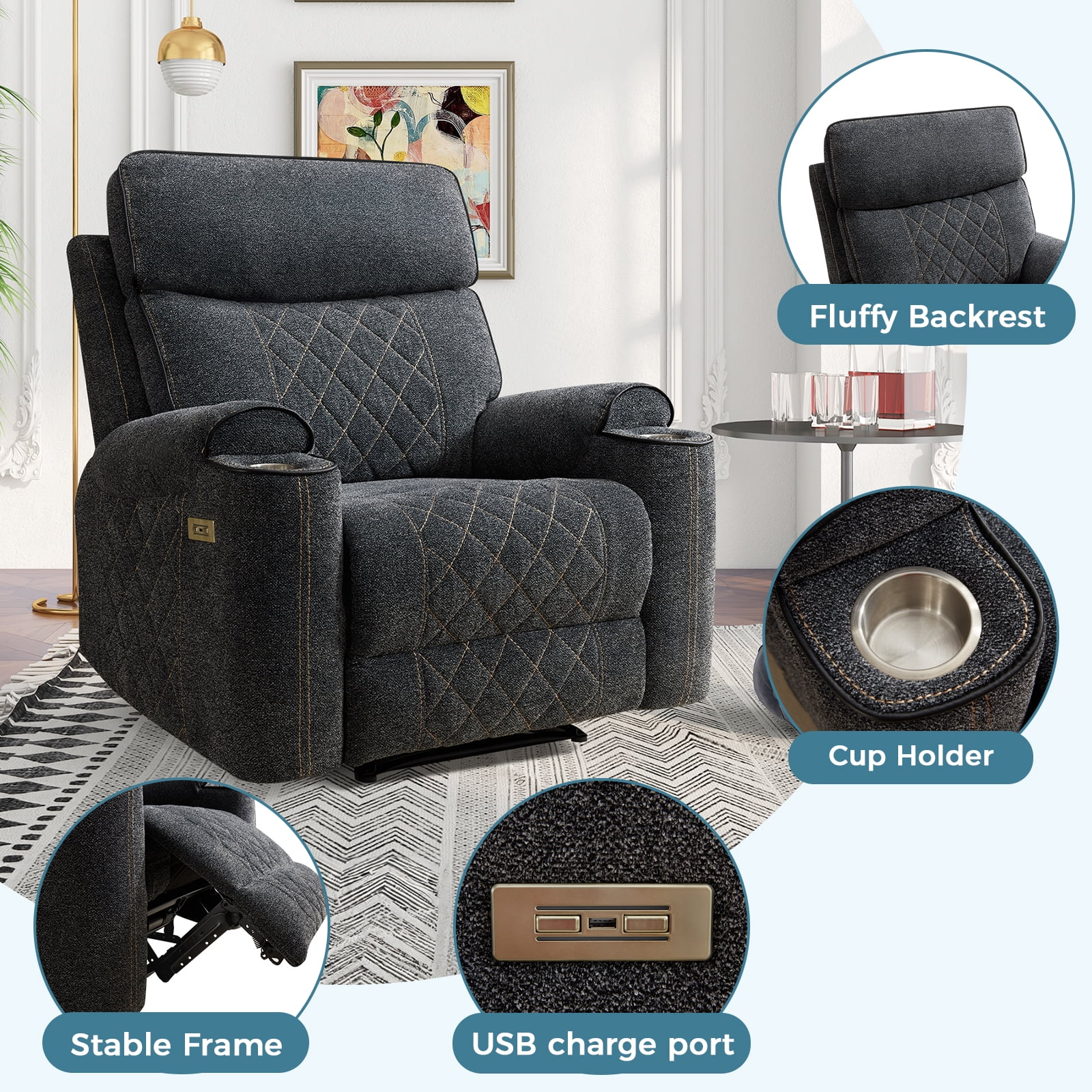 Bonzy Home Electric Power Recliner Chair, USB Ports, Cup Holders, Home Theater Seating