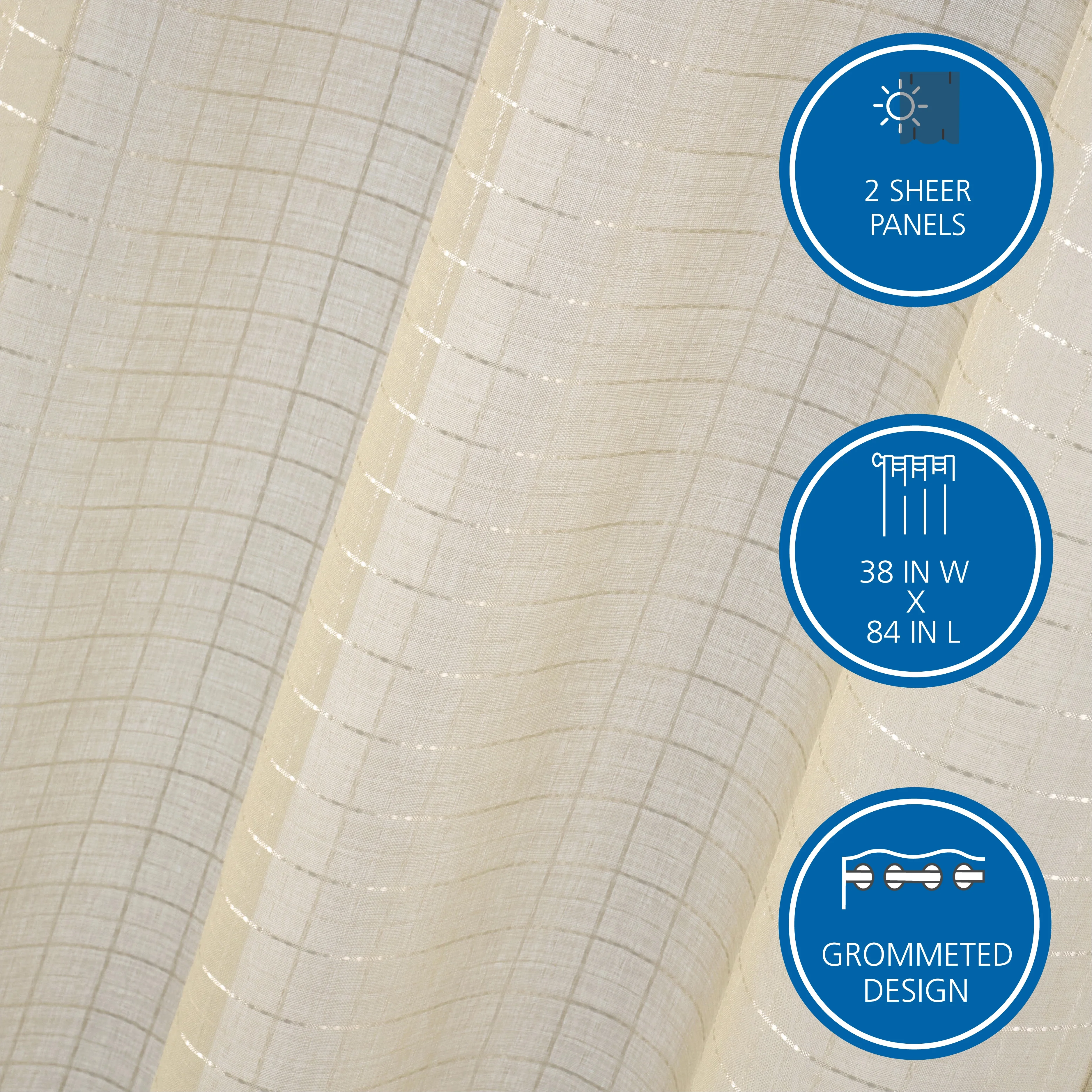 (2 pack) Mainstays Windowpane Sheer Curtain Panel Pair, Set of 2, Papyrus Beige, 38" W x 84" L