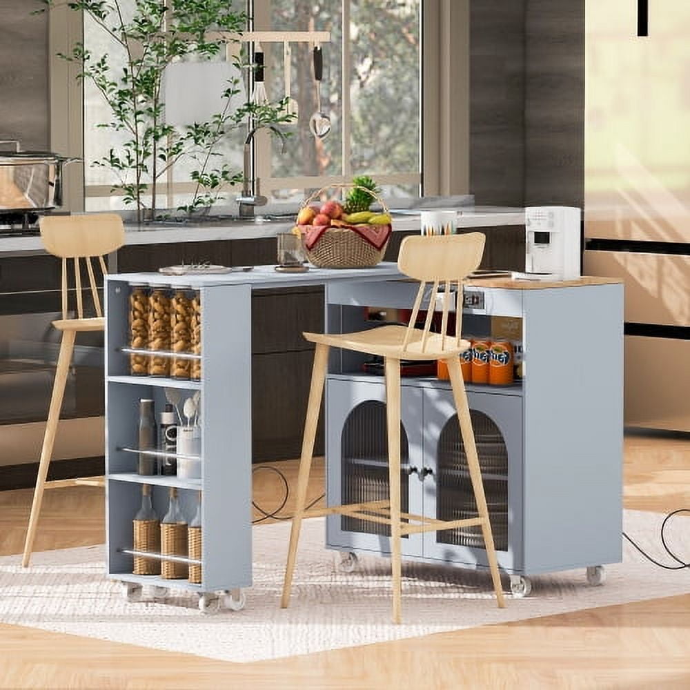 Rolling Kitchen Island With Extended Table, Kitchen Island on Wheels with LED Lights,Power Outlets and 2 Fluted Glass Doors, Kitchen Island with a Storage Compartment and Side 3 Open Shelves, Grey
