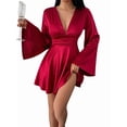 thumbnail image 4 of Women'S Deep V Neck Long Sleeve Mini Satin Silk Dress Elegant Flowy Wedding Guest Party Short Dresses Wine Red M, 4 of 9