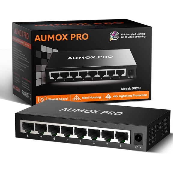 8 Port Gigabit Unmanaged Ethernet Switch, Home Network Hub, Office Ethernet Splitter, Plug-and-Play, Silent Operation, Desktop or Wall Mount, Fanless Metal Design