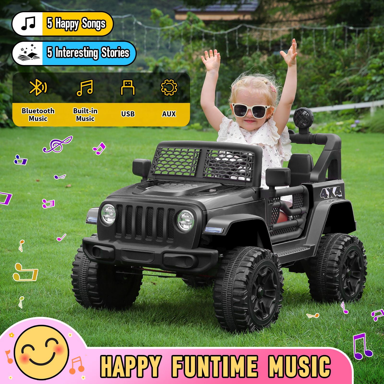 Funcid 12V 7AH Kids Powered Ride on Truck Car with Parent Remote Control, Bluetooth Music, Spring Suspension, LED Lights - Black