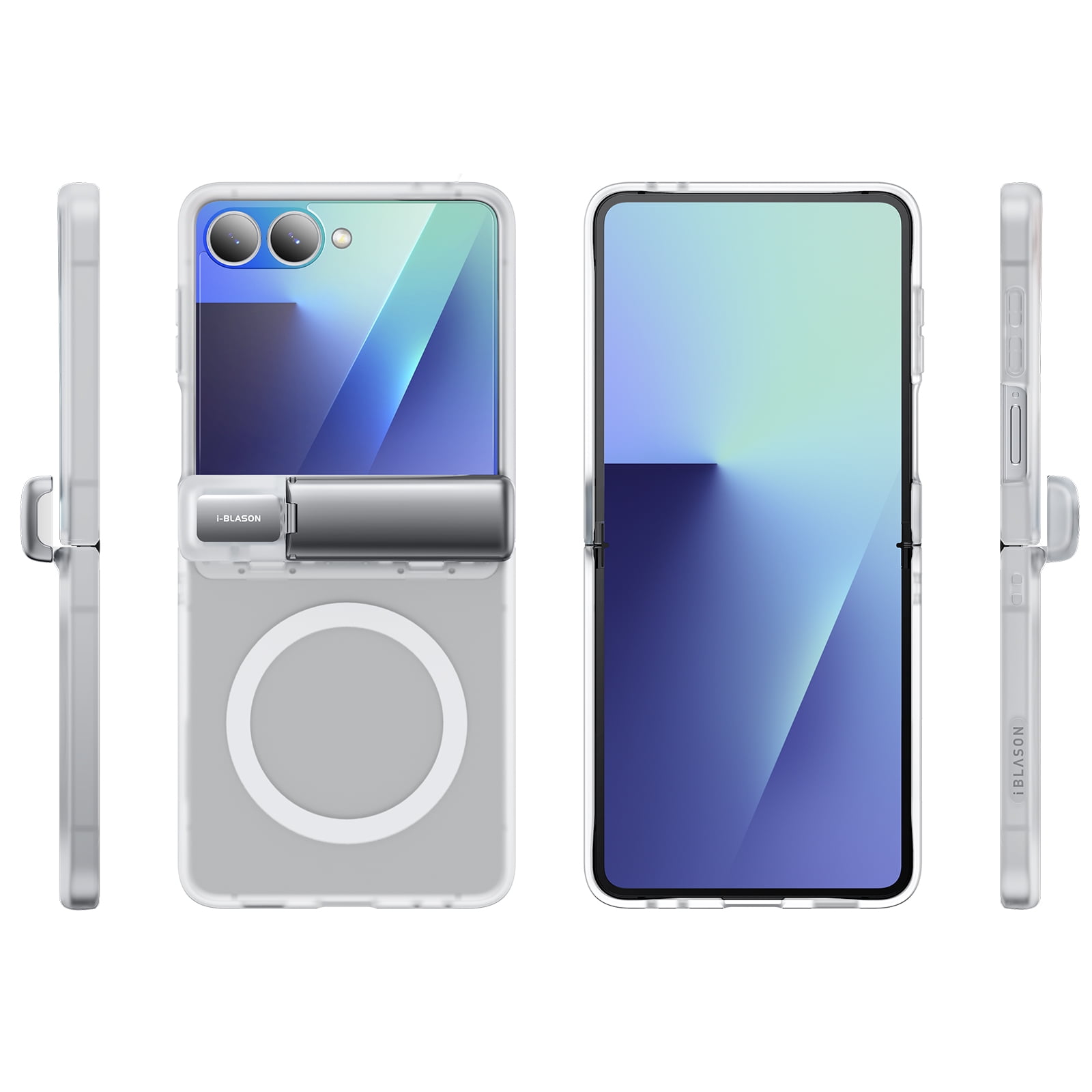 i-Blason for Samsung Galaxy Z Flip 7 Case with Stand [Tempered Glass Screen Protector] [Hinge Protection] [Strong Magnetic Absorption] Slim Matte Protective Magnetic Phone Cover for Z Flip 7, Clear